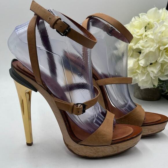 Lanvin‎ 2012 ETE "Opanca" Tan Buckle Strap Gold Wood Platform Stilettos 39/8-8.5 - Picture 2 of 12